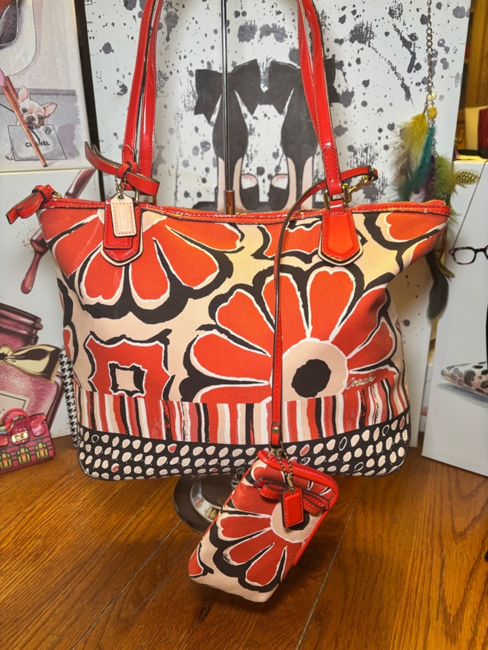 Coach Floral Print Canvas Tote Bag w/ Matching Detachable Zip Pouch